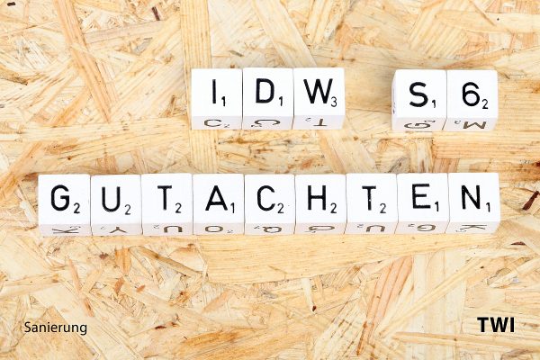 Text "IDW S6 Gutachten" mit Buchstabenwürfel geschrieben
